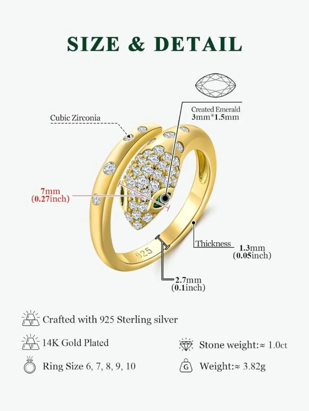Stylish Adjustable Snake Ring for Women - Sterling Silver & Gold Plated Cocktail